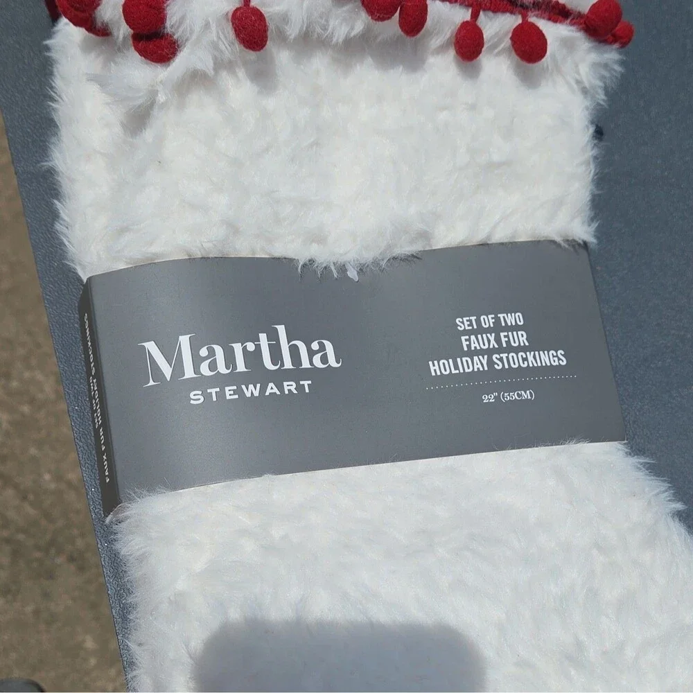Martha Stewart Set of 2 Faux Fur Christmas Stockings White/Red 22 in